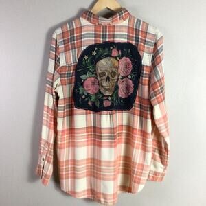 Upcycled Floral Skull flannel ombre bleached reworked Large